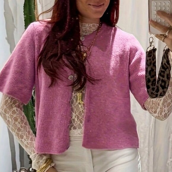 Hot Pink Casual Women's Front Button Short-Sleeved Knitted sweater Cardigan - Picture 6 of 6